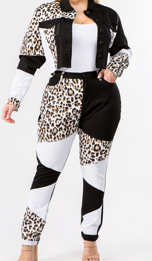 Plus Size Leopard Jacket Pants Set