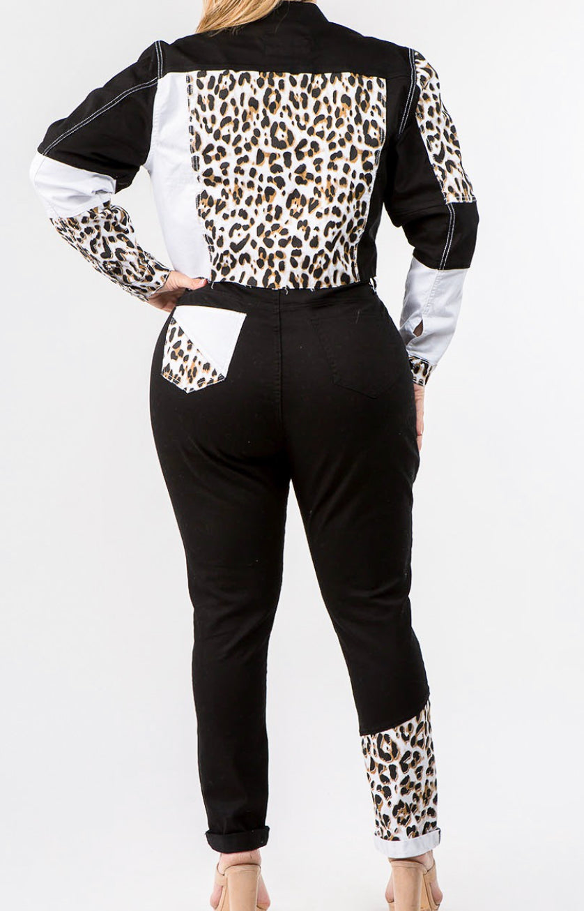 Plus Size Leopard Jacket Pants Set